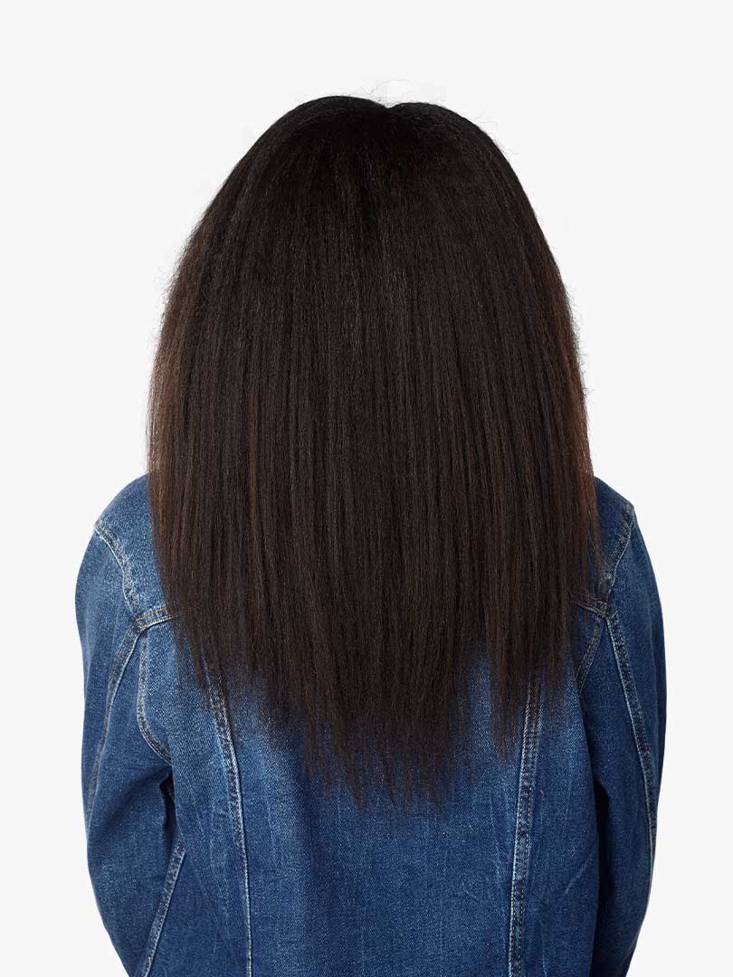 Back view of person wearing Curls Kinks & Co 1C Clique 16" human hair clip-ins. Long, dark kinky straight.