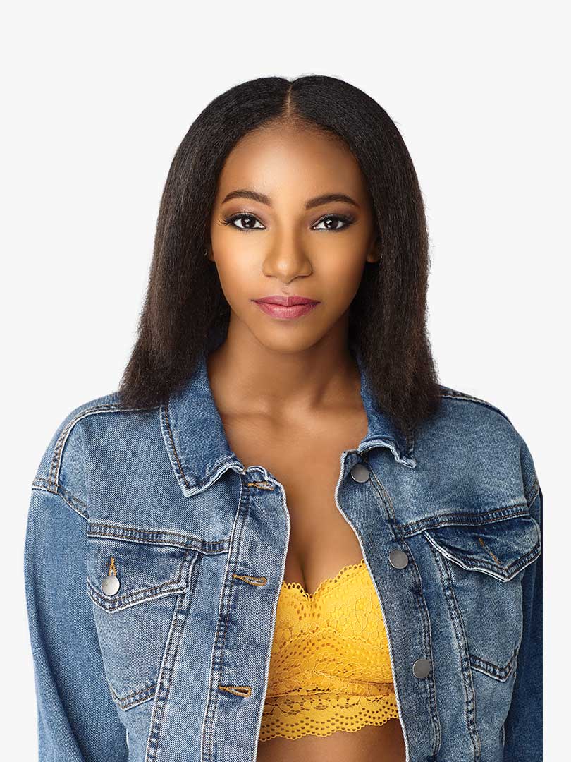 Woman wears Curls Kinks & Co 1C Clique human hair clip-ins. Dark, kinky straight, shoulder-length hair, center parted.