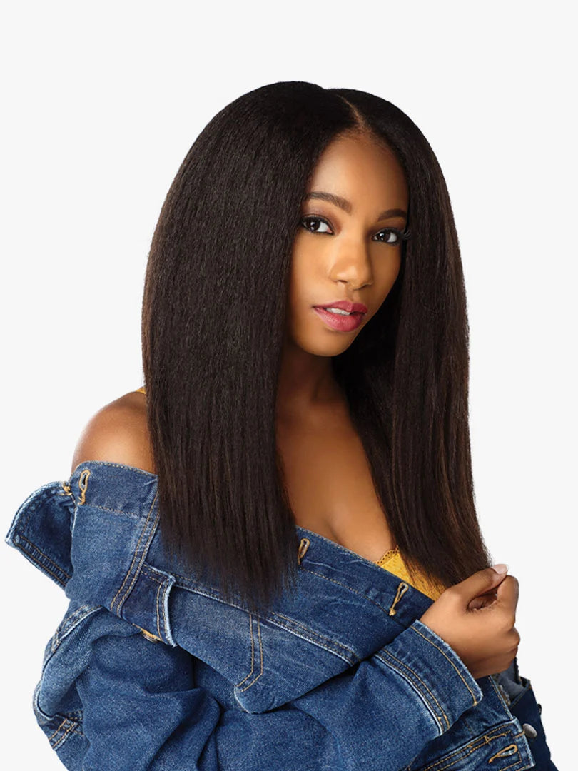 A woman models Curls Kinks & Co 1C Clique 20" clip-ins. Her long, dark brown hair has a kinky straight texture and a cente...