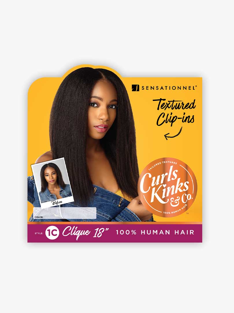 Packaging for Curls Kinks & Co. 1C Clique 18" clip-ins, showing a model with long dark textured straight hair.