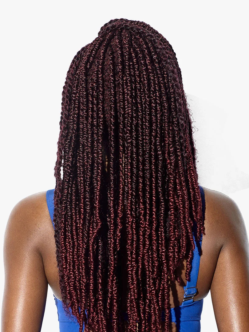 Back view of a person with long, deep burgundy Ruwa 2X Jamaican Twist 18-inch pre-stretched braiding hair.