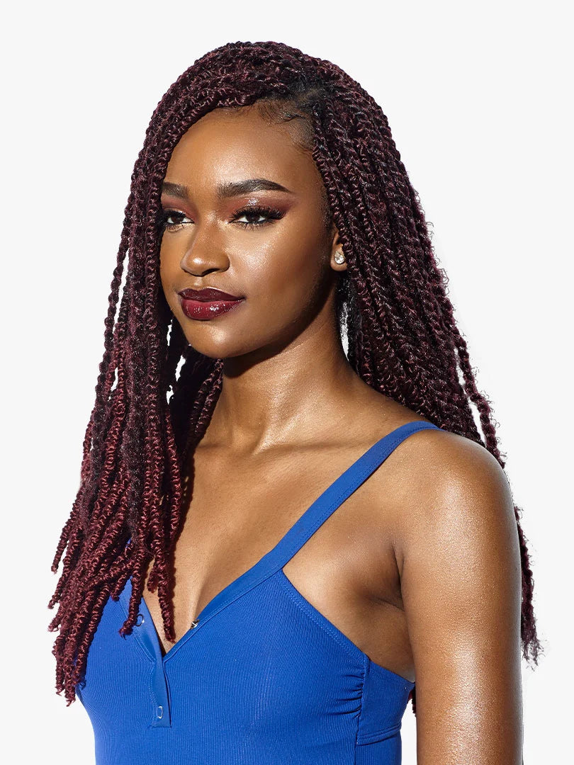 Woman models long, twisted Ruwa 2X Jamaican Twist 18" pre-stretched braiding hair in deep red.
