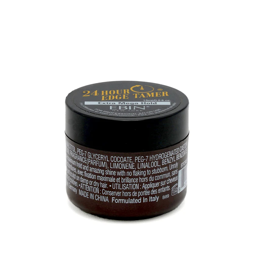 Product packaging for 24 Hour Edge Tamer Extra Mega Hold. Small dark brown jar with black lid and gold text.