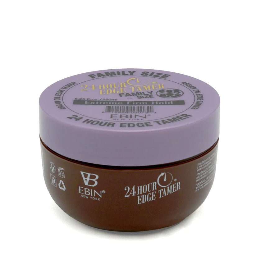 Product packaging: Brown jar of Ebin 24 Hour Edge Tamer Extreme Firm Hold Gel, with a lavender lid.
