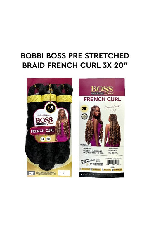 Front and back of Boss Braid French Curl 3X 20-inch packaging showing black hair bundles and a model with long mixed blond...