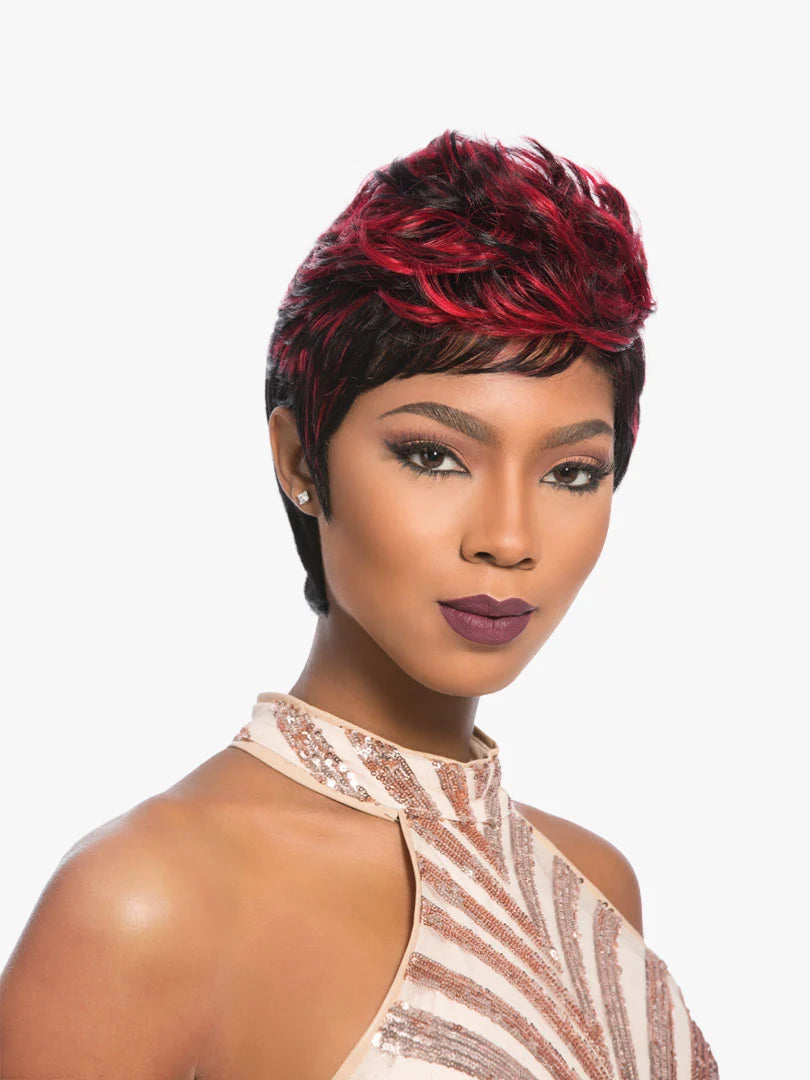 A woman wearing Empire 27 Pieces, a short black pixie cut with vibrant red highlights, styled with texture.