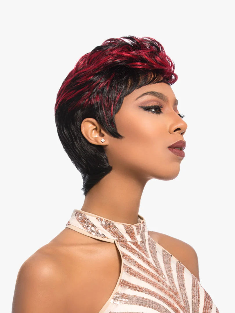 Woman wears Empire 27 Pieces weave: a short, spiky black pixie with vibrant red highlights and swept bangs.