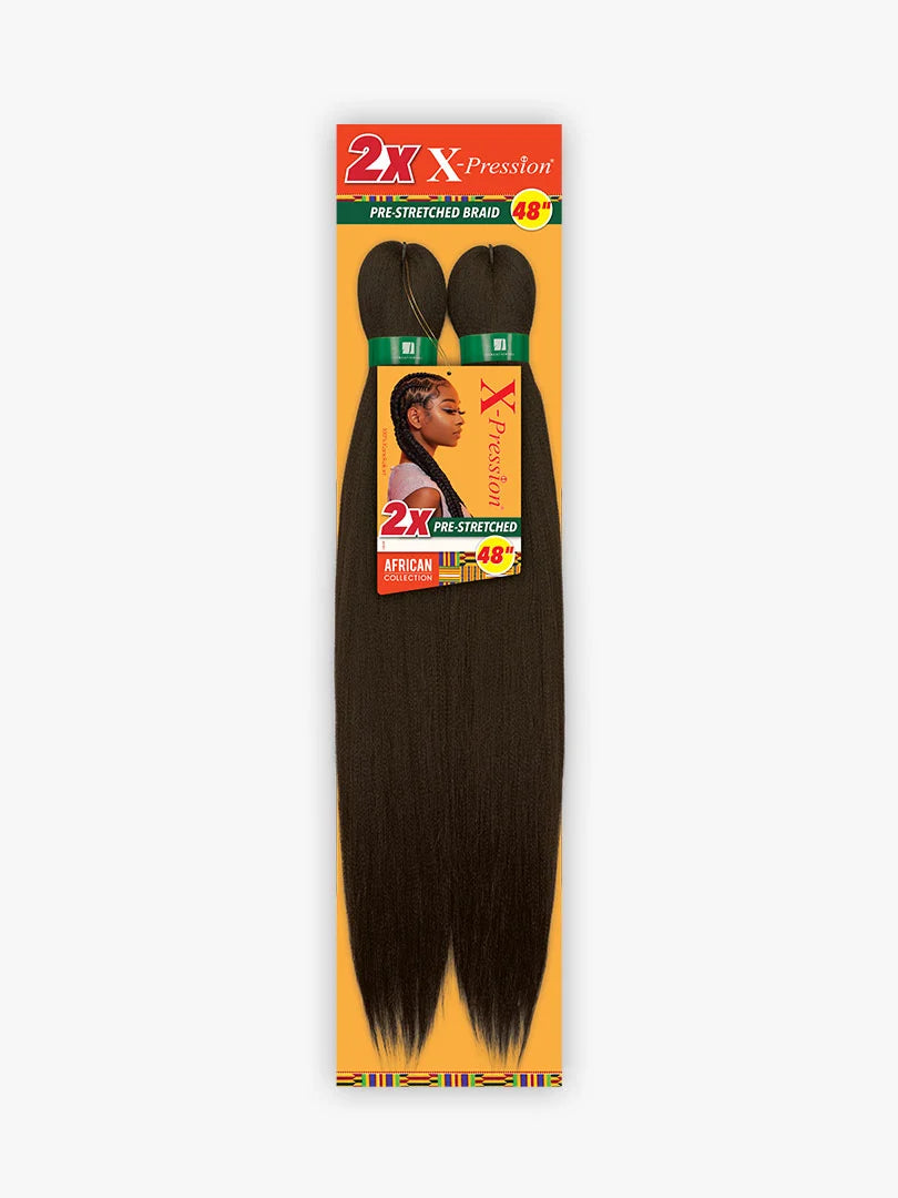 2X X-Pression Pre-Stretched Braid 48" product packaging shows two dark brown bundles of hair, model with braids.