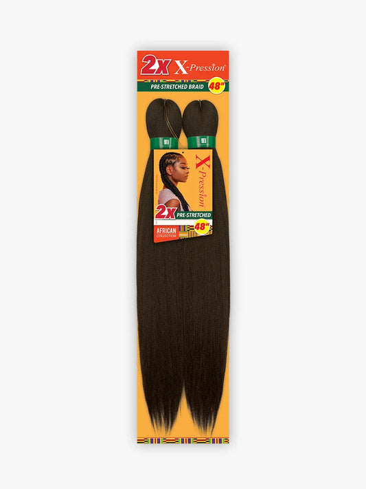 2X X-Pression Pre-Stretched Braid 48" product packaging shows two dark brown bundles of hair, model with braids.