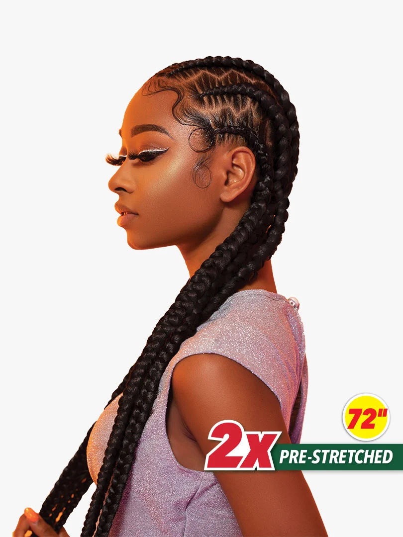 A woman models X-Pression Pre-Stretched Braid hair: long, black cornrows with wavy patterns and styled edges.