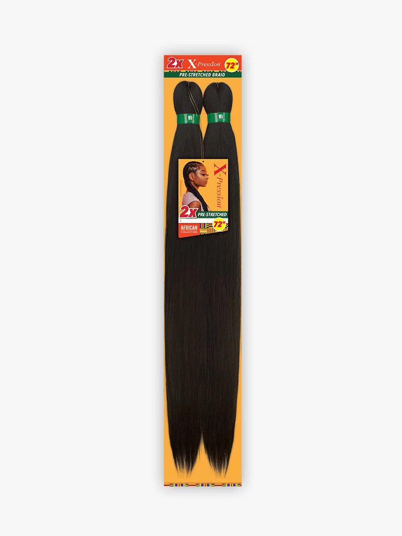 X-Pression Pre-Stretched Braid 72" 2X product packaging showing two bundles of long, straight black braiding hair.