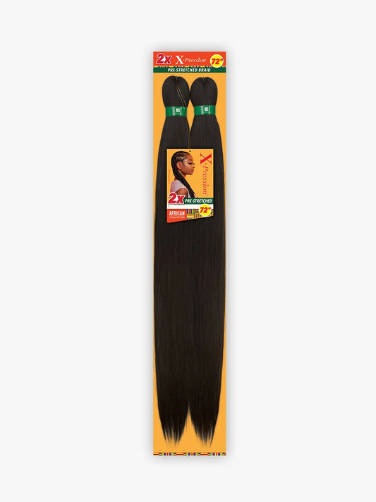 X-Pression Pre-Stretched Braid 72" 2X product packaging showing two bundles of long, straight black braiding hair.