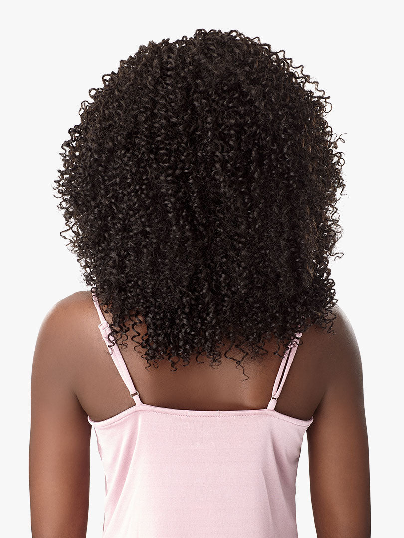 Back of person wearing Lulutress 2X Coily 3C crochet hair. Voluminous, dark, tightly curled, shoulder-length.