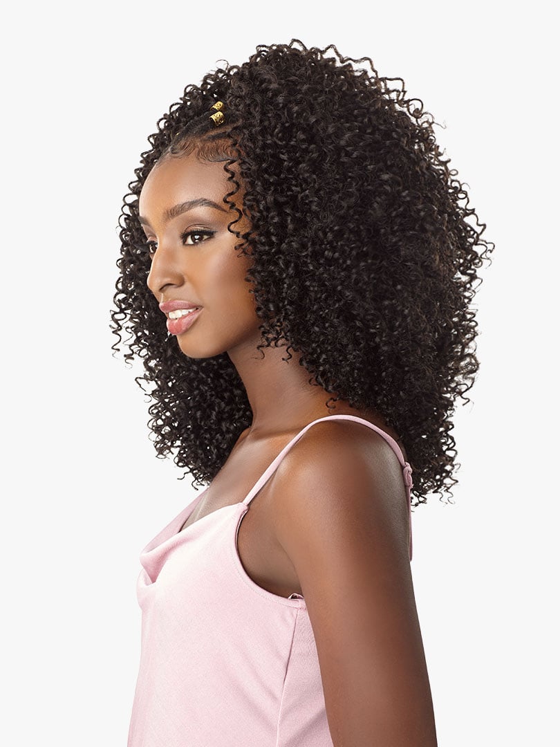 Woman models Lulutress 2X Coily 3C Pre-Looped crochet hair. Dark shoulder-length curls with gold beads.