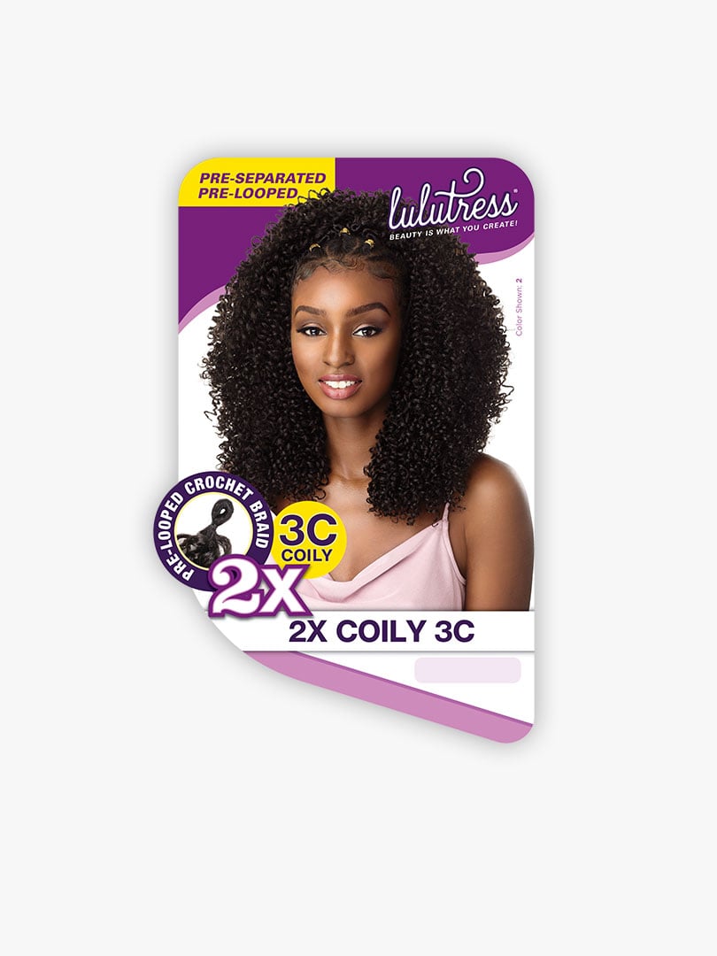 Lulutress 2X Coily 3C crochet hair packaging features a model with voluminous, dark, shoulder-length coily hair.