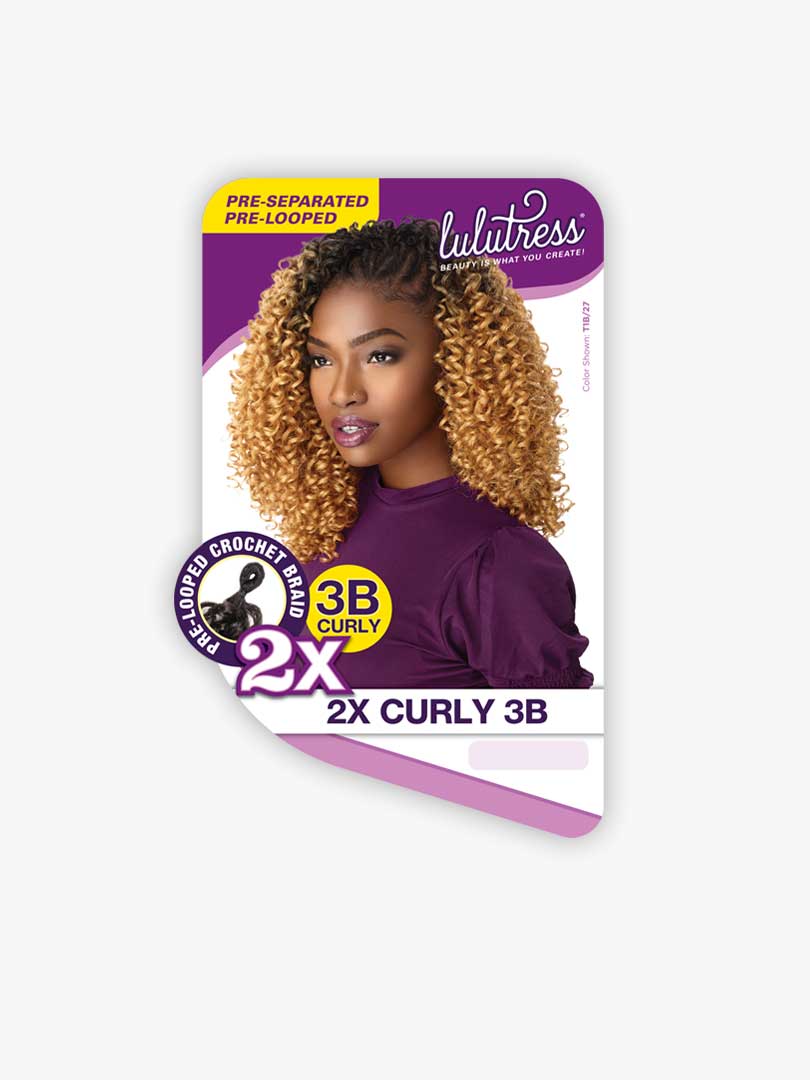 Product packaging for Lulutress 2X Curly 3B. A woman models pre-looped, ombre dark to blonde 3B curly hair.
