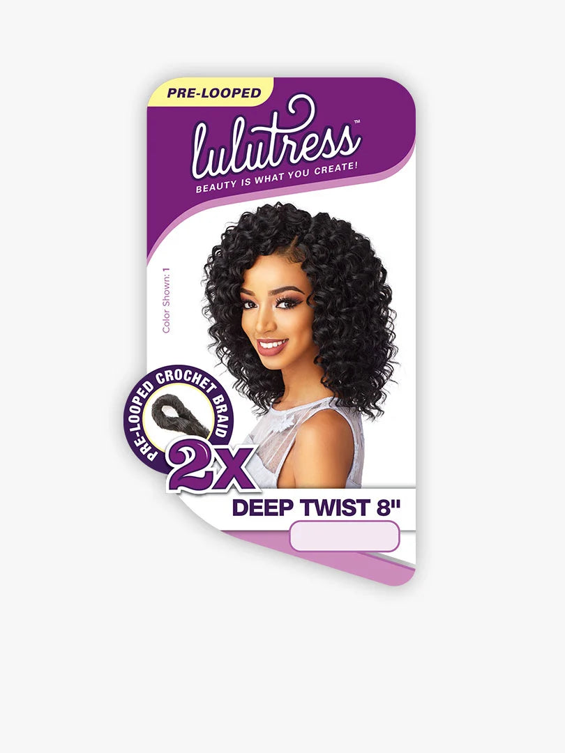 Lulutress 2X Deep Twist 8" packaging. Shows a woman with a black, curly, shoulder-length hairstyle.