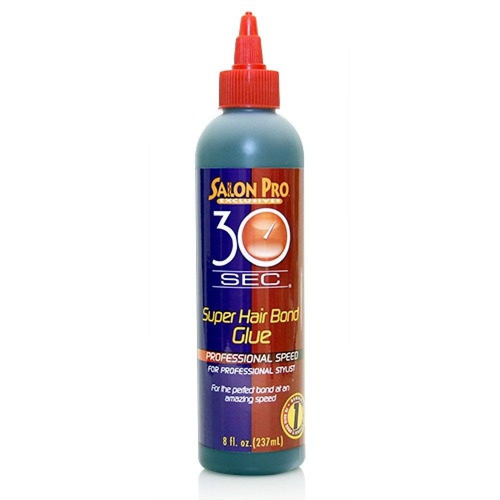 Packaging for Salon Pro 30 Sec Super Hair Bonding Glue, 8 oz. Dark blue bottle with red label, pointed red nozzle cap.