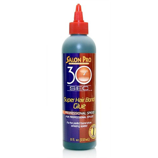 Packaging for Salon Pro 30 Sec Super Hair Bonding Glue, 8 oz. Dark blue bottle with red label, pointed red nozzle cap.