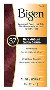 Bigen Permanent Powder Hair Color box, shade 37 Dark Auburn, showing a vertical swatch of rich red-brown hair.