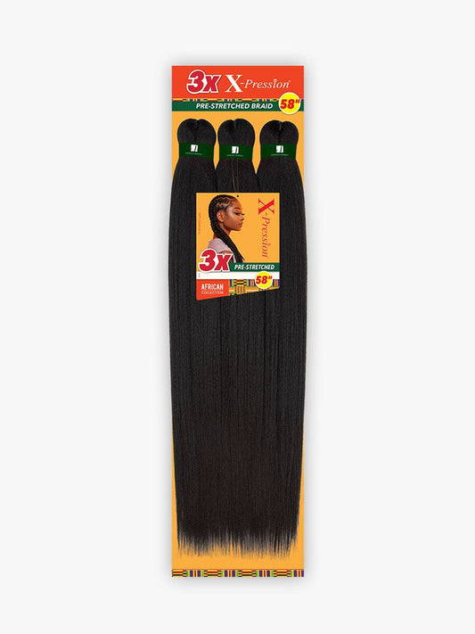 Product packaging for X-Pression Pre-Stretched Braid 58" 3X, featuring three bundles of long black braiding hair and a wom...
