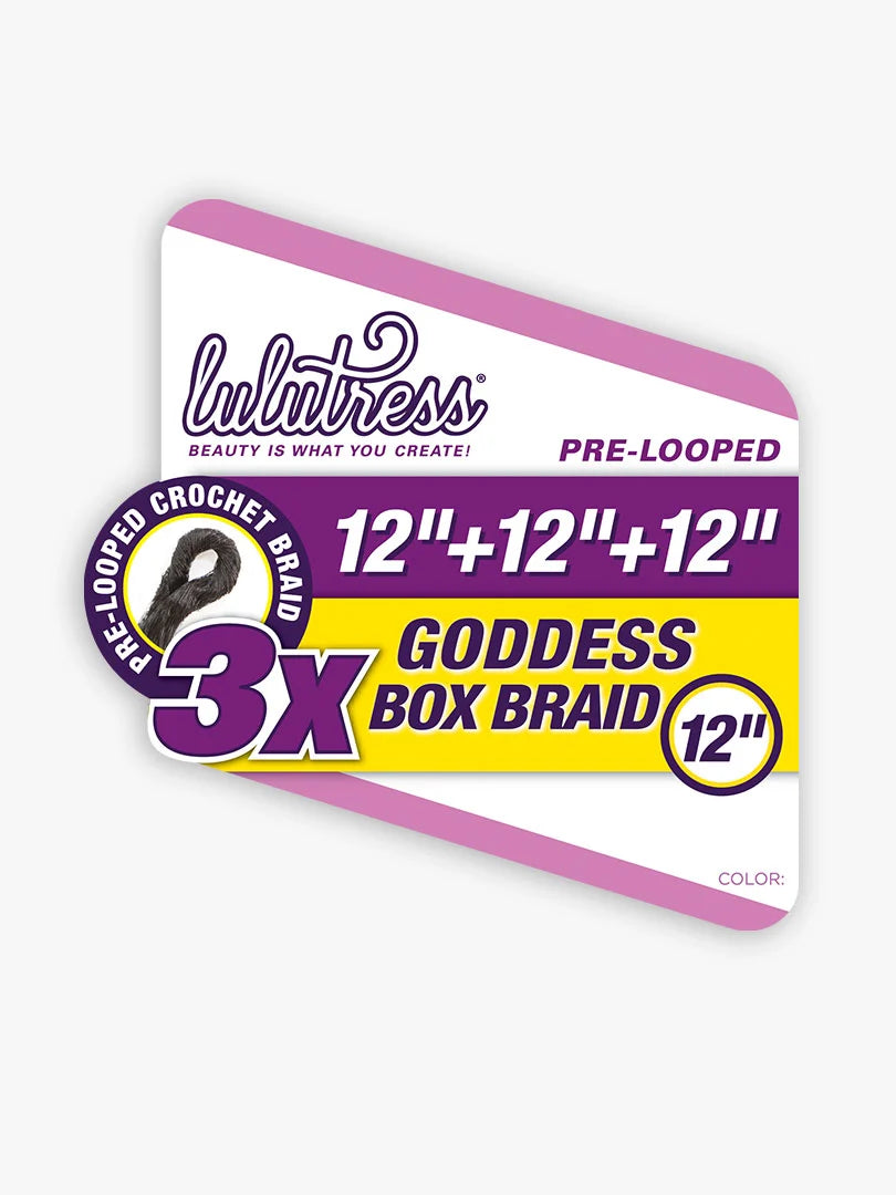 Packaging for Lulutress 3X Goddess Box Braid 12" pre-looped crochet, showing dark braided hair texture.