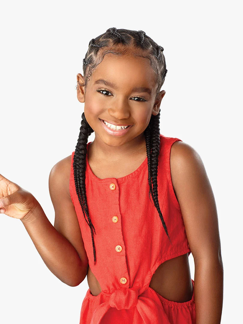 Smiling girl models X-Pression Kids Pre-Stretched Braid in natural black, styled in long cornrow braids.