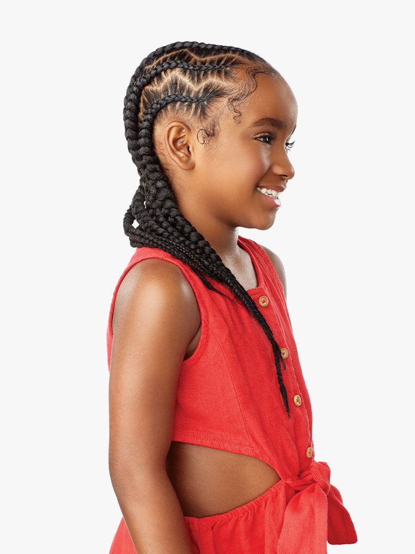 Young girl smiles, showing long black X-Pression Kids Pre-Stretched Braid 28" 3X styled as zigzag cornrows.