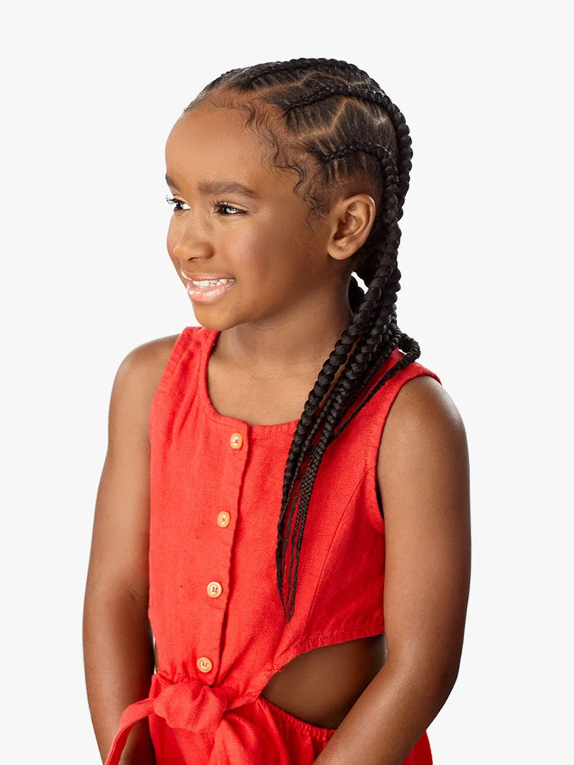 Side profile of a model wearing long, pre-stretched braids made with X-Pression Kids Pre-Stretched Braid 28" 3X.