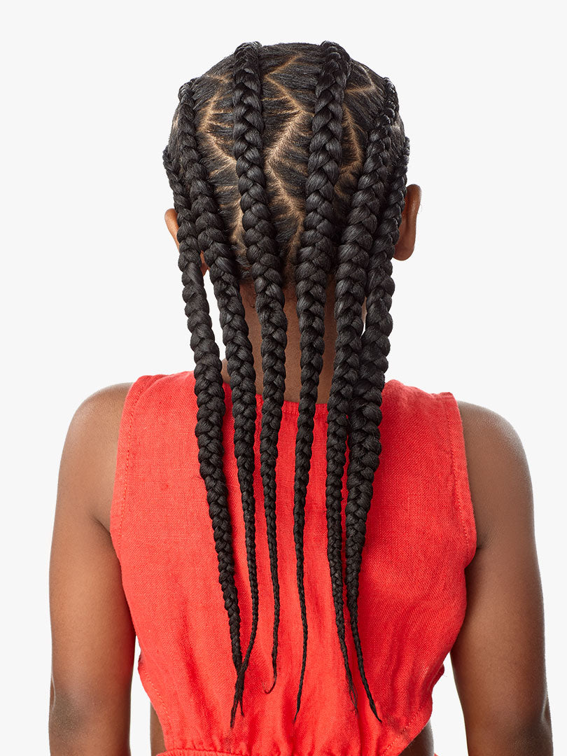Back of a person's head with long black braids, styled with X-Pression Kids Pre-Stretched Braid 28" 3X. Features intricate...