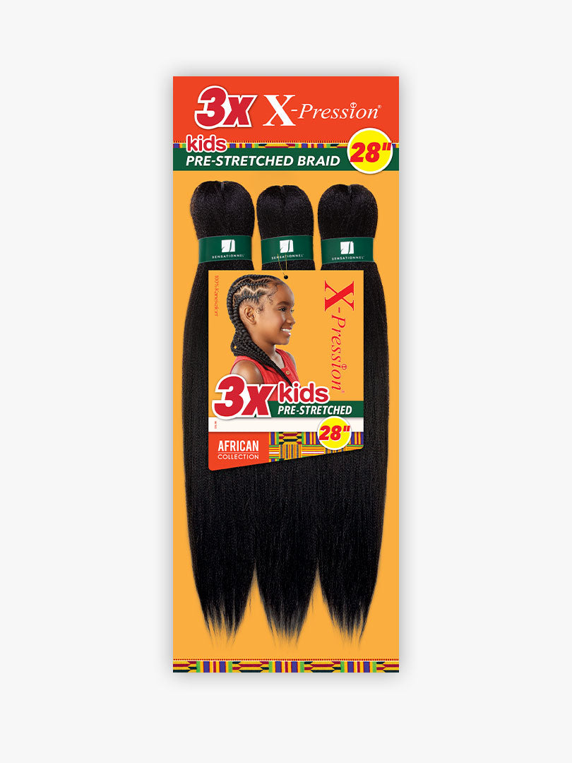 Packaging for X-Pression Kids Pre-Stretched Braid 28" 3X, showing three bundles of long, black synthetic hair and a smilin...