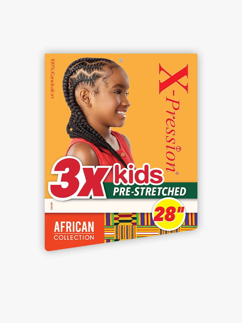 Packaging for X-Pression 3X kids Pre-Stretched Braid 28", with a child wearing black zig-zag cornrows.