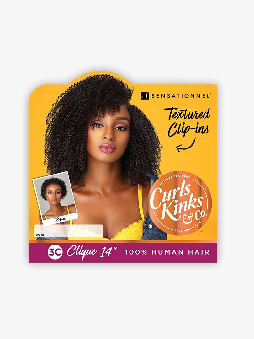 Product packaging for Curls Kinks & Co Clique 3C 14" Human Hair Clip-Ins. Woman with dark voluminous curly hair; small "be...