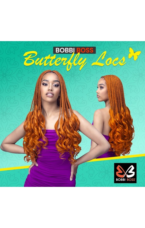 Woman models Boss Braid French Curl 20. Long, vibrant orange braids cascade into voluminous curls.