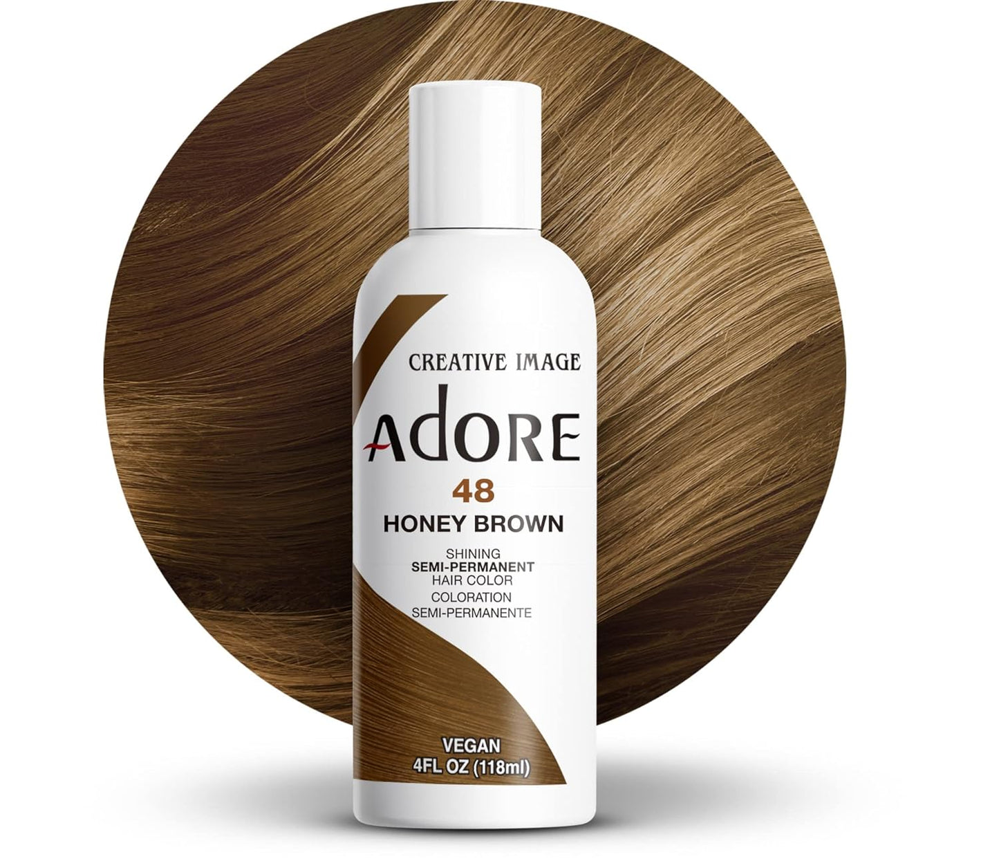 Creative Image Adore Semi-Permanent Hair Color #048 Honey Brown packaging with a circular swatch of long, straight honey b...