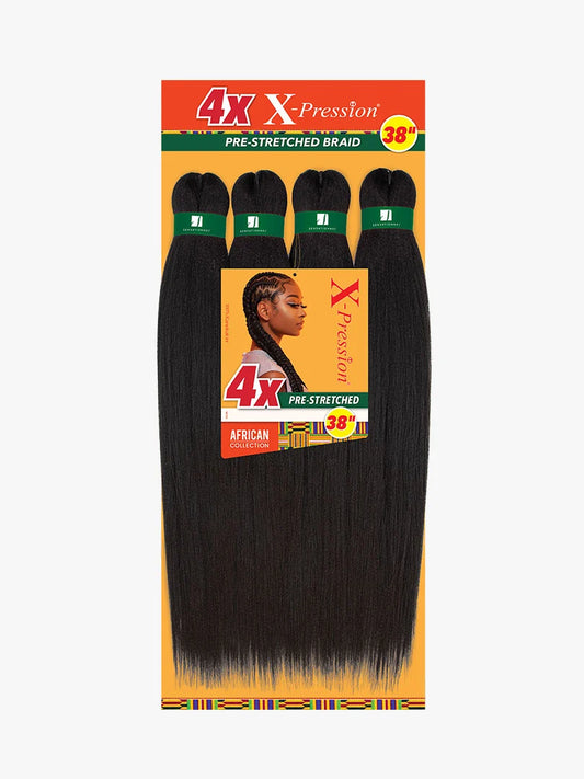 Packaging for X-Pression Pre-Stretched Braid 38" 4X, showing four bundles of long black braiding hair and a woman with bra...