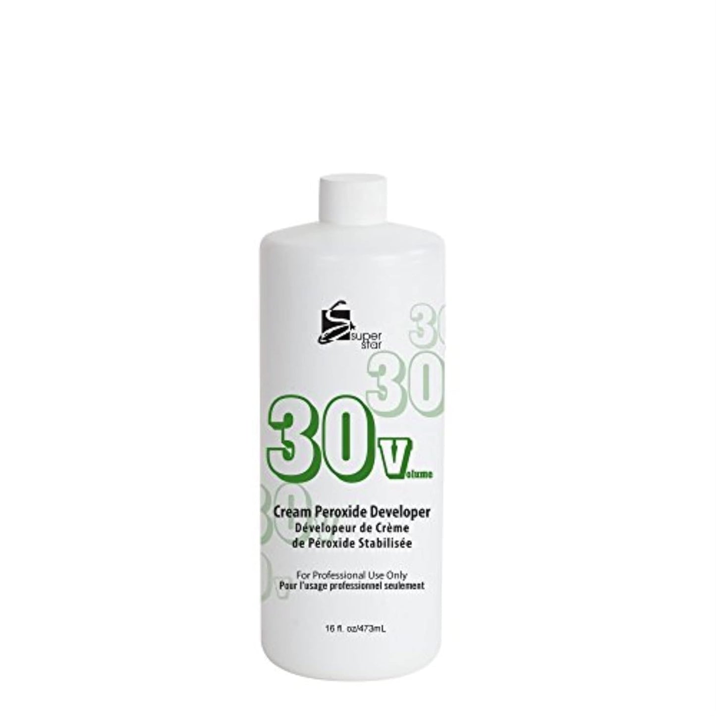 Packaging for Super Star Stabilized Cream Peroxide Developer 30 Volume, a white 16 oz bottle with green '30V' text.