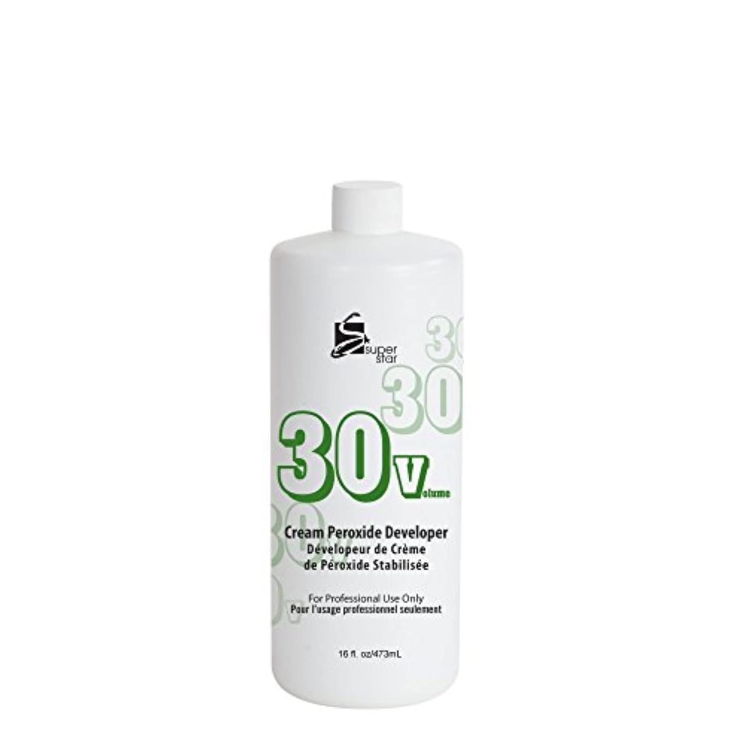 White bottle of Super Star Stabilized Cream Peroxide Developer 30 Volume 16 oz, with prominent green "30 V".