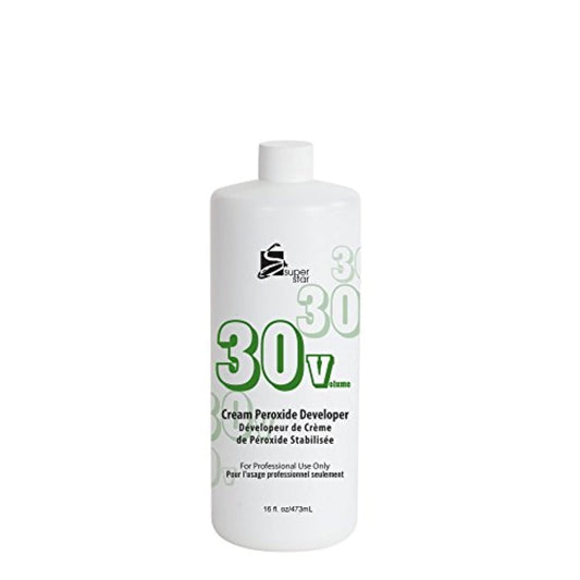 White bottle of Super Star Stabilized Cream Peroxide Developer 30 Volume 16 oz, with prominent green "30 V".