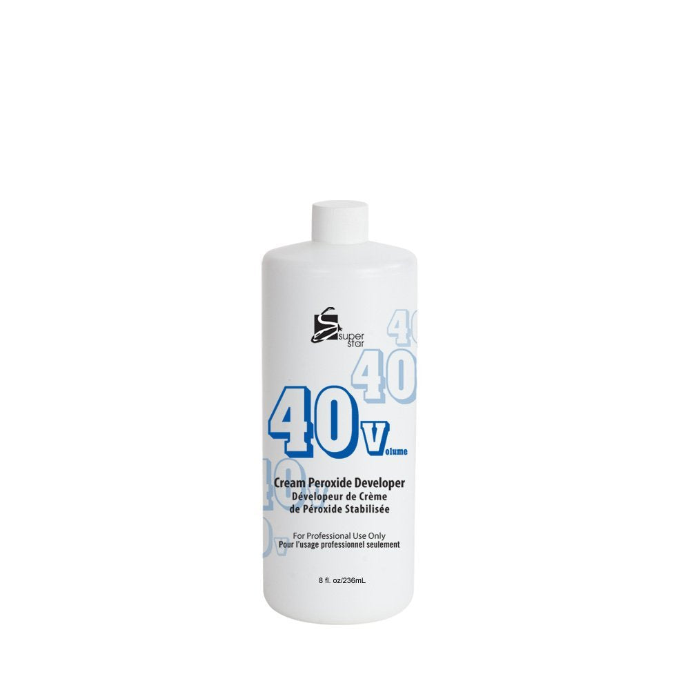 Super Star Cream Peroxide Developer 40 Volume - 8 oz packaging. White bottle with blue '40V Volume' text & logo.