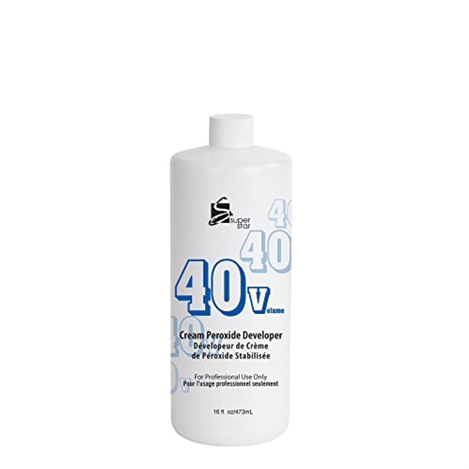 Product packaging for Super Star Stabilized Cream Peroxide Developer 40 Volume, a white 16 oz bottle with blue text.