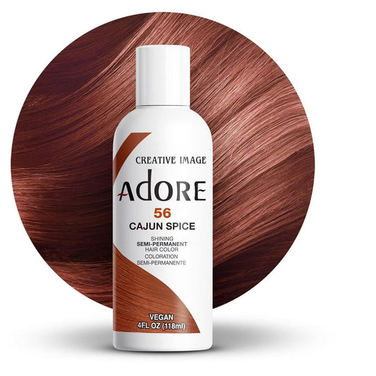 Creative Image Adore Semi-Permanent Hair Color #056 Cajun Spice bottle with a background swatch of shiny, straight reddish...