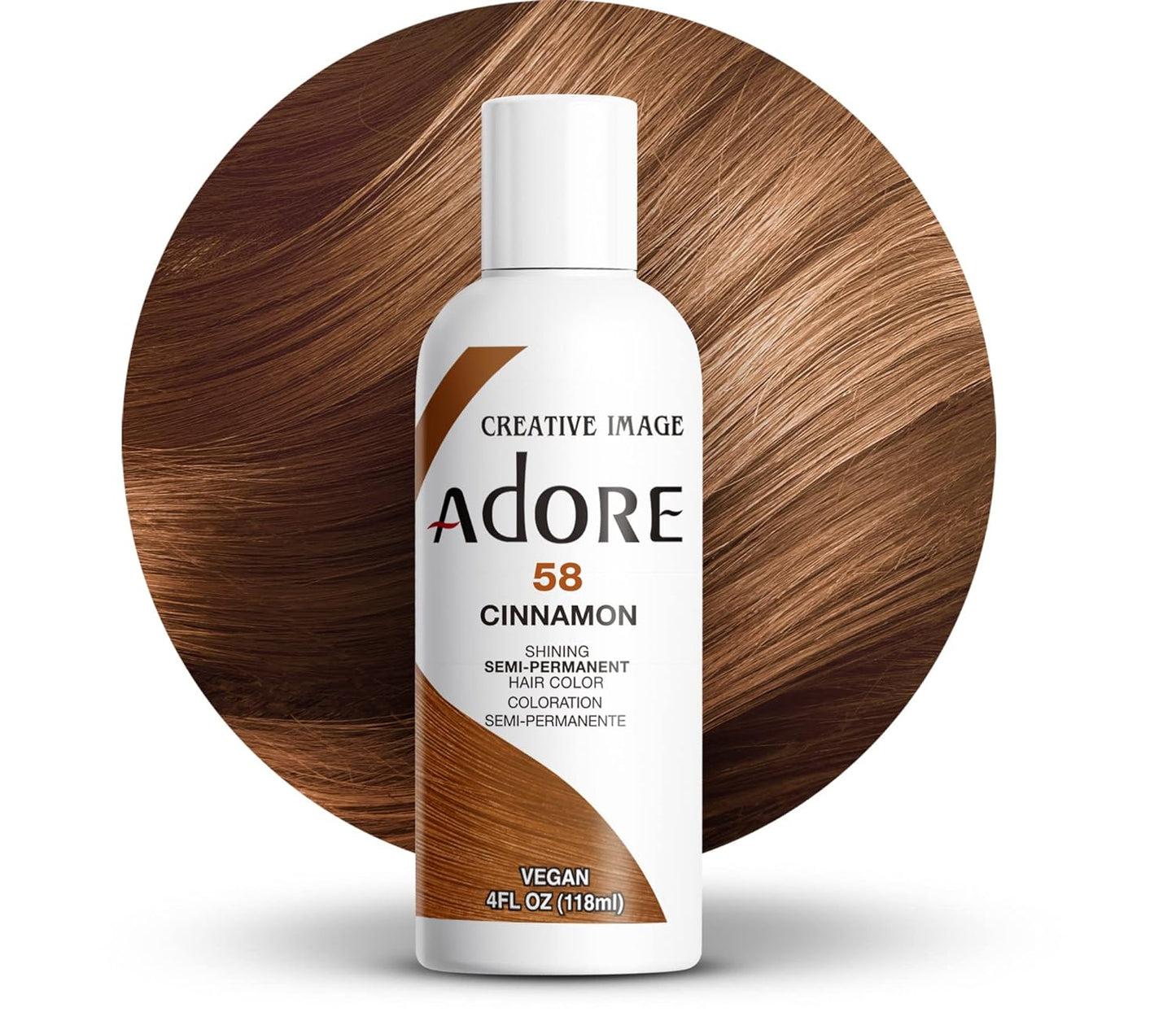 Creative Image Adore Semi-Permanent Hair Color #058 Cinnamon bottle, foregrounding a rich, smooth cinnamon brown hair swatch.