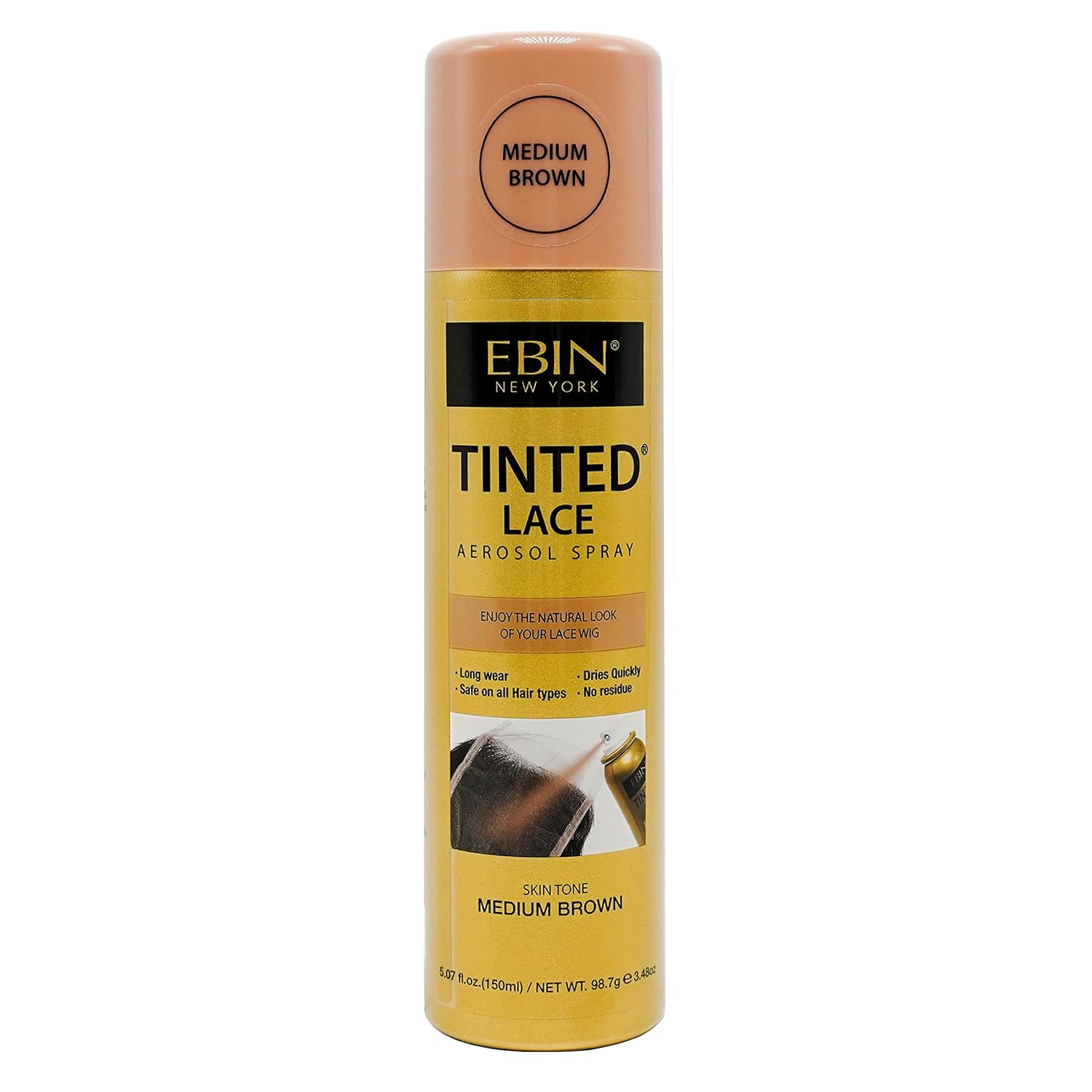 Product packaging for EBIN Tinted Lace Aerosol Spray, Medium Brown. Gold can with a matching medium brown cap.