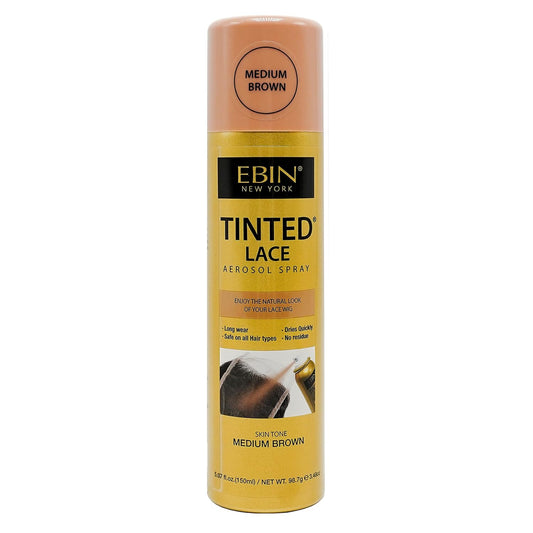 Product packaging for EBIN Tinted Lace Aerosol Spray, Medium Brown. Gold can with a matching medium brown cap.