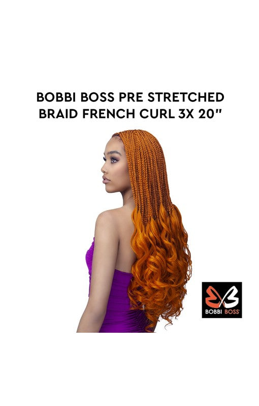 Woman wearing Bobbi Boss Pre Stretched Braid French Curl. 20-inch orange braids with rich, curly ombre ends.