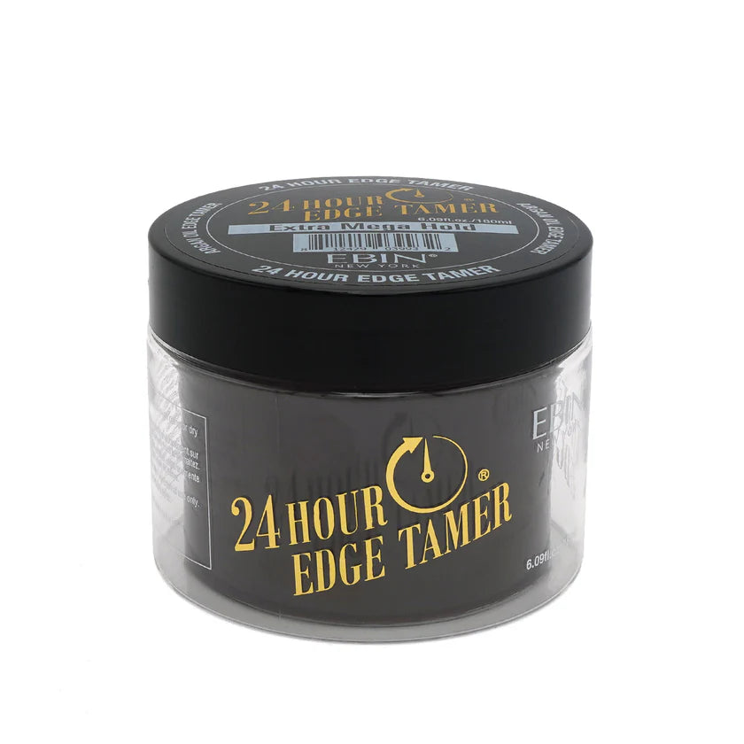 Product packaging: Extra Mega Hold 24 Hour Edge Tamer Gel in a black and dark gray jar with gold text, 6.09 oz.