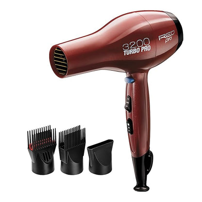 RED PRO 3200 Turbo Pro Detangler AC Hair Dryer, 3 Heat/2 Speed Settings, Cool Shot Button, Powerful Airflow, 3 Additional Styling Attachments with Detangling Pik -  Carbon Fiber