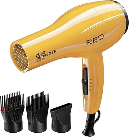 RED by KISS 2000 Ceramic Hair Dryer, Professional Salon Blow Dryer 3 Attachments Included, 2 Detangler Piks, 1 Air Concentrator (Yellow)