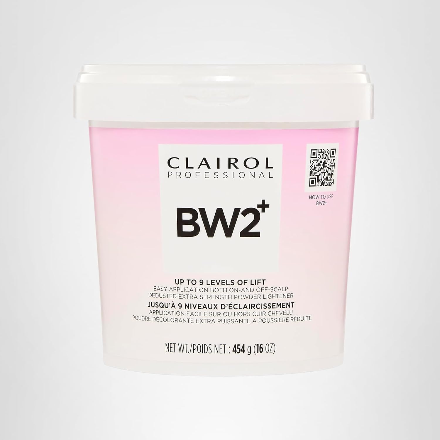 Pink 16 oz tub of Clairol Professional BW2+ Dedusted Extra Strength Powder Lightener, with a white lid.